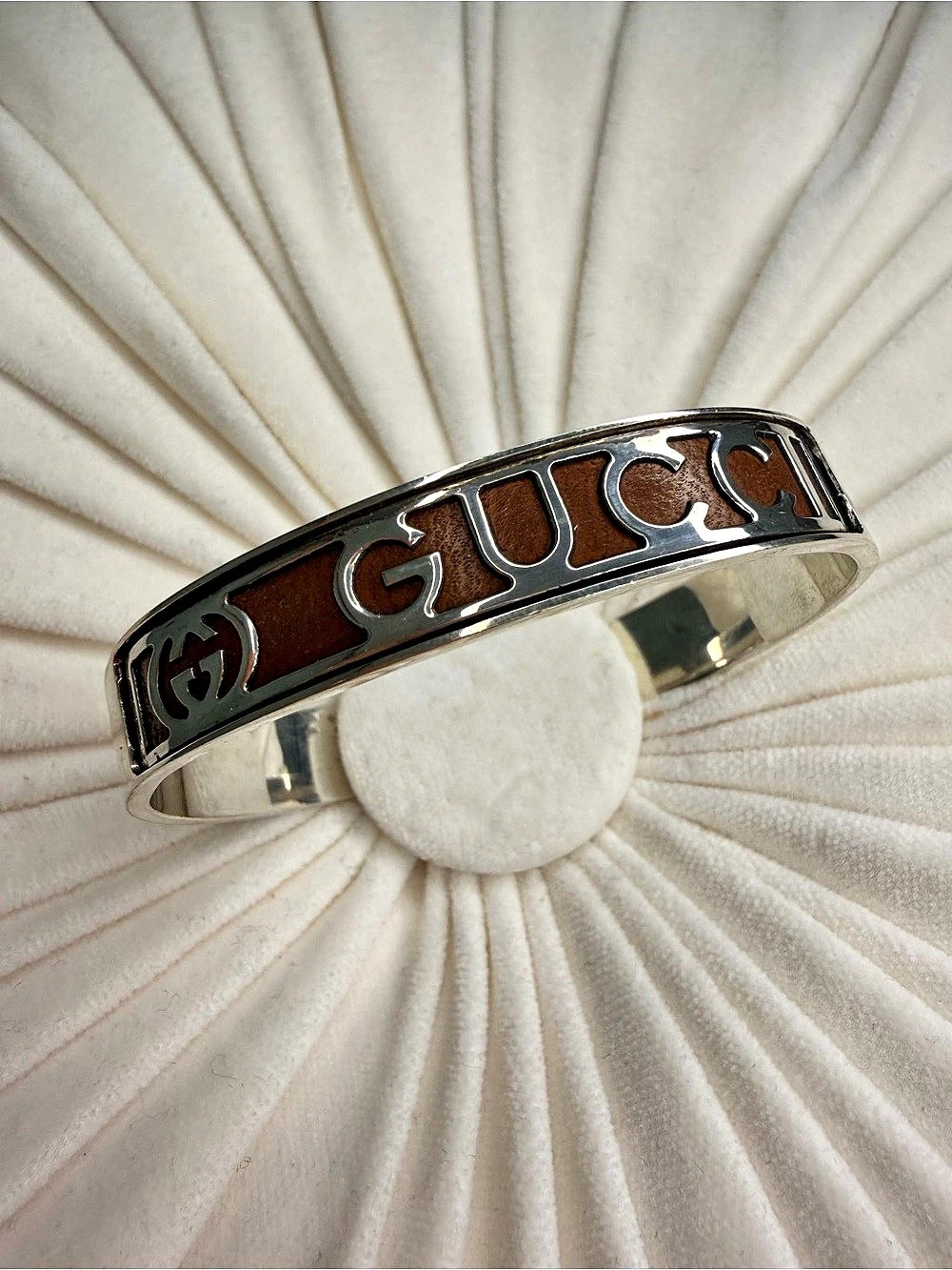 Gucci Sterling Silver & Brown Leather Cutout Cuff Bracelet